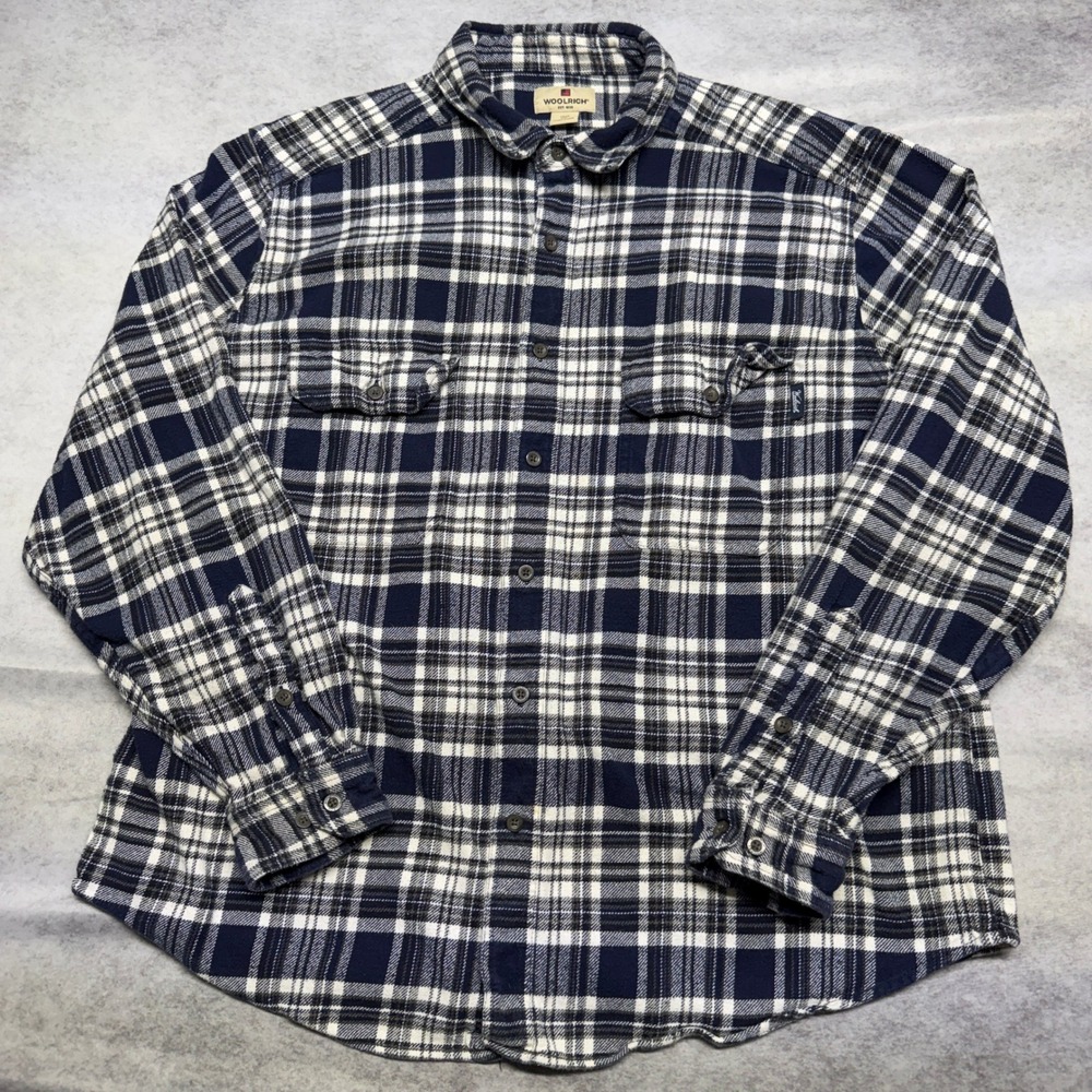 Woolrich Mens XXL Flannel Shirt Navy White Plaid Long Sleeve Button Up Vintage